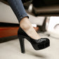 European And American Patent Leather Ladies High Heels Pumps Round Toe Water Platform Thick Heel Shoes Snapitonline