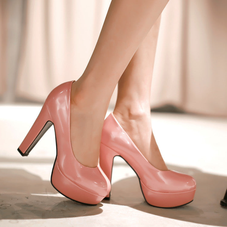 European And American Patent Leather Ladies High Heels Pumps Round Toe Water Platform Thick Heel Shoes Snapitonline