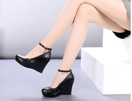 Fashion Ankle Strap High Wedges Platform Pumps For Women Casual Genuine Leather Black Work Shoes High Heels Snapitonline