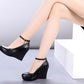 Fashion Ankle Strap High Wedges Platform Pumps For Women Casual Genuine Leather Black Work Shoes High Heels Snapitonline