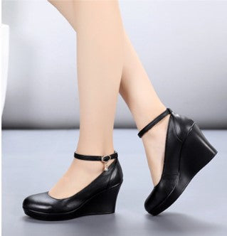 Fashion Ankle Strap High Wedges Platform Pumps For Women Casual Genuine Leather Black Work Shoes High Heels Snapitonline