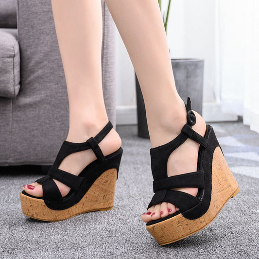 Foreign Trade Large Size 12 Cm Wedge Heel Waterproof Platform Hollow Sandals Thick Bottom Wedge Heel High Heels Women Foreign Trade Wedge Heel Sandals Snapitonline