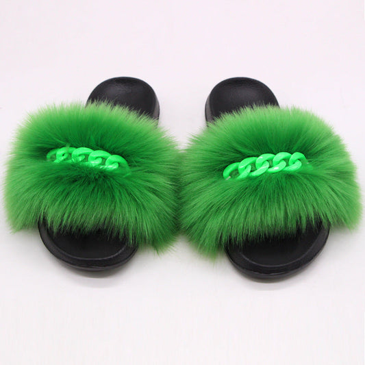 Furry Fur Slippers Fluffy Flip Flops Women Summer Faux Fox Sandals Designer Chain Plush Raccoon Fur Slides Beach Home Flat Shoes Snapitonline