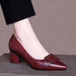 Genuine Leather Thick Heel Single Shoes Women Mid-heel Pointed Toe Women's Shoes Pumps Double Brown Snapitonline