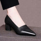 Genuine Leather Thick Heel Single Shoes Women Mid-heel Pointed Toe Women's Shoes Pumps Double Brown Snapitonline