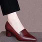 Genuine Leather Thick Heel Single Shoes Women Mid-heel Pointed Toe Women's Shoes Pumps Double Brown Snapitonline