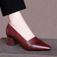 Genuine Leather Thick Heel Single Shoes Women Mid-heel Pointed Toe Women's Shoes Pumps Double Brown Snapitonline