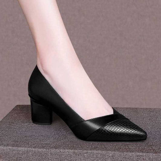 Genuine Leather Thick Heel Single Shoes Women Mid-heel Pointed Toe Women's Shoes Pumps Double Brown Snapitonline