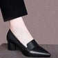 Genuine Leather Thick Heel Single Shoes Women Mid-heel Pointed Toe Women's Shoes Pumps Double Brown Snapitonline