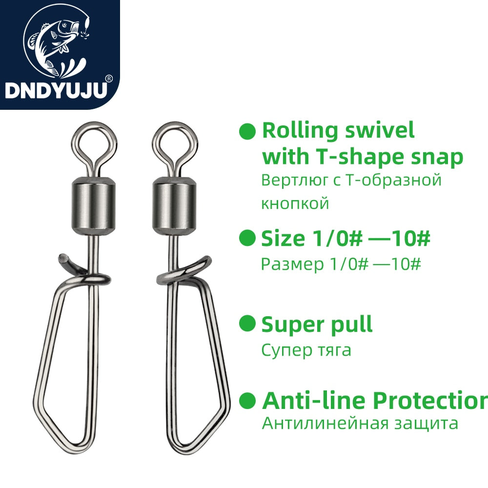 DNDYUJU 50pcs Fishing Connector Rolling Swivel With T-shape Snap Fishing Swivels Stainless Steel Beads Fishing Accessories