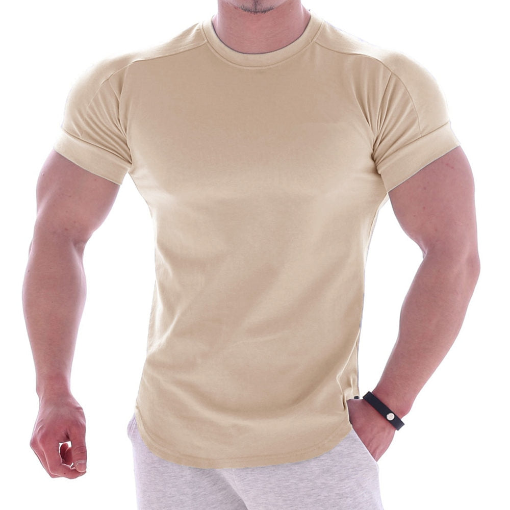 Solid Gym Fitness tshirt Men Casual Cotton Short sleeve T-shirt Bodybuilding Skinny Tee shirt Tops Male Summer Training Clothing - Snapitonline
