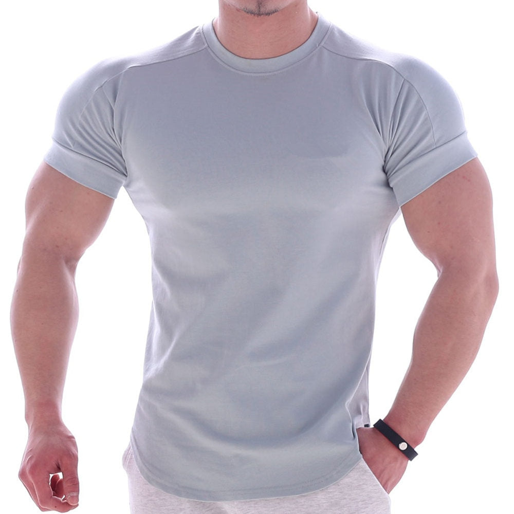 Solid Gym Fitness tshirt Men Casual Cotton Short sleeve T-shirt Bodybuilding Skinny Tee shirt Tops Male Summer Training Clothing - Snapitonline