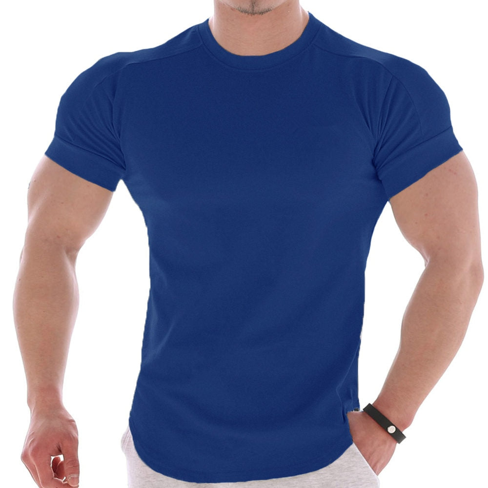 Solid Gym Fitness tshirt Men Casual Cotton Short sleeve T-shirt Bodybuilding Skinny Tee shirt Tops Male Summer Training Clothing - Snapitonline
