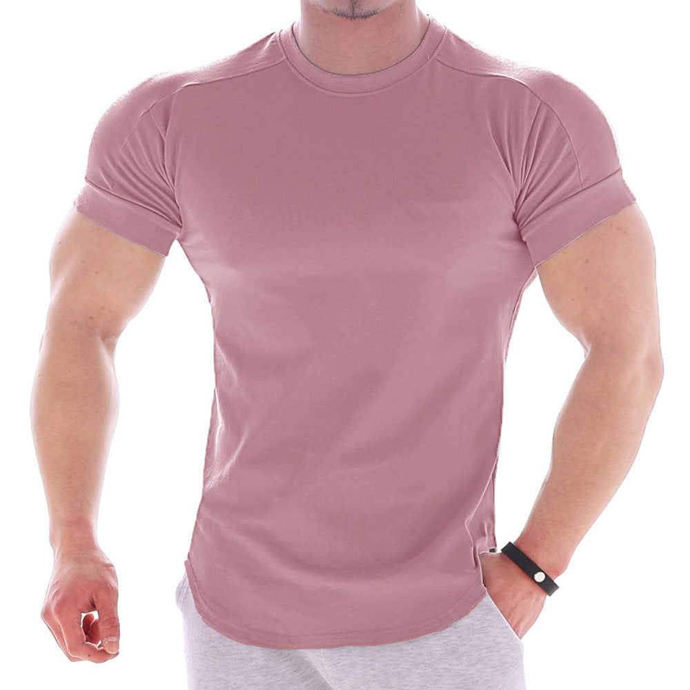 Solid Gym Fitness tshirt Men Casual Cotton Short sleeve T-shirt Bodybuilding Skinny Tee shirt Tops Male Summer Training Clothing - Snapitonline
