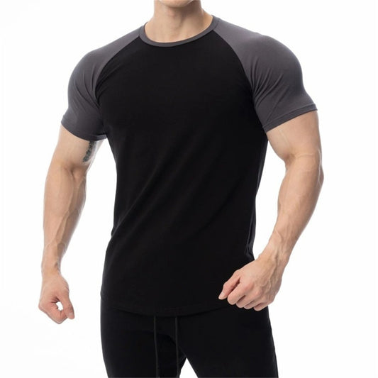Men Cotton Patchwork T-shirt Summer Gym Fitness Bodybuilding Skinny Short sleeve Shirts Male Casual Training Tees Tops Clothing - Snapitonline