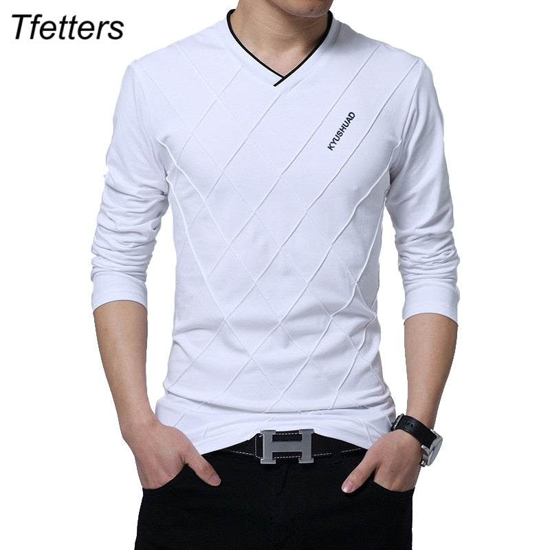TFETTERS Fashion Men T-shirt Slim Fit Custom T-shirt Crease Design Long Stylish Luxury V Neck Fitness T-shirt Tee Shirt Homme - Snapitonline
