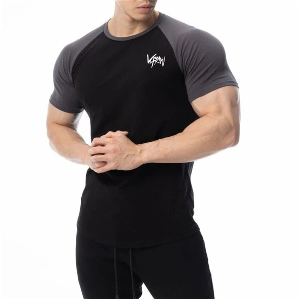 Men Cotton Patchwork T-shirt Summer Gym Fitness Bodybuilding Skinny Short sleeve Shirts Male Casual Training Tees Tops Clothing - Snapitonline