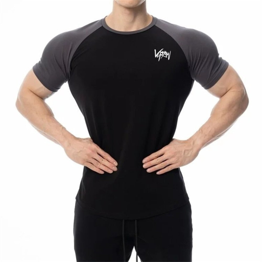 Men Cotton Patchwork T-shirt Summer Gym Fitness Bodybuilding Skinny Short sleeve Shirts Male Casual Training Tees Tops Clothing - Snapitonline