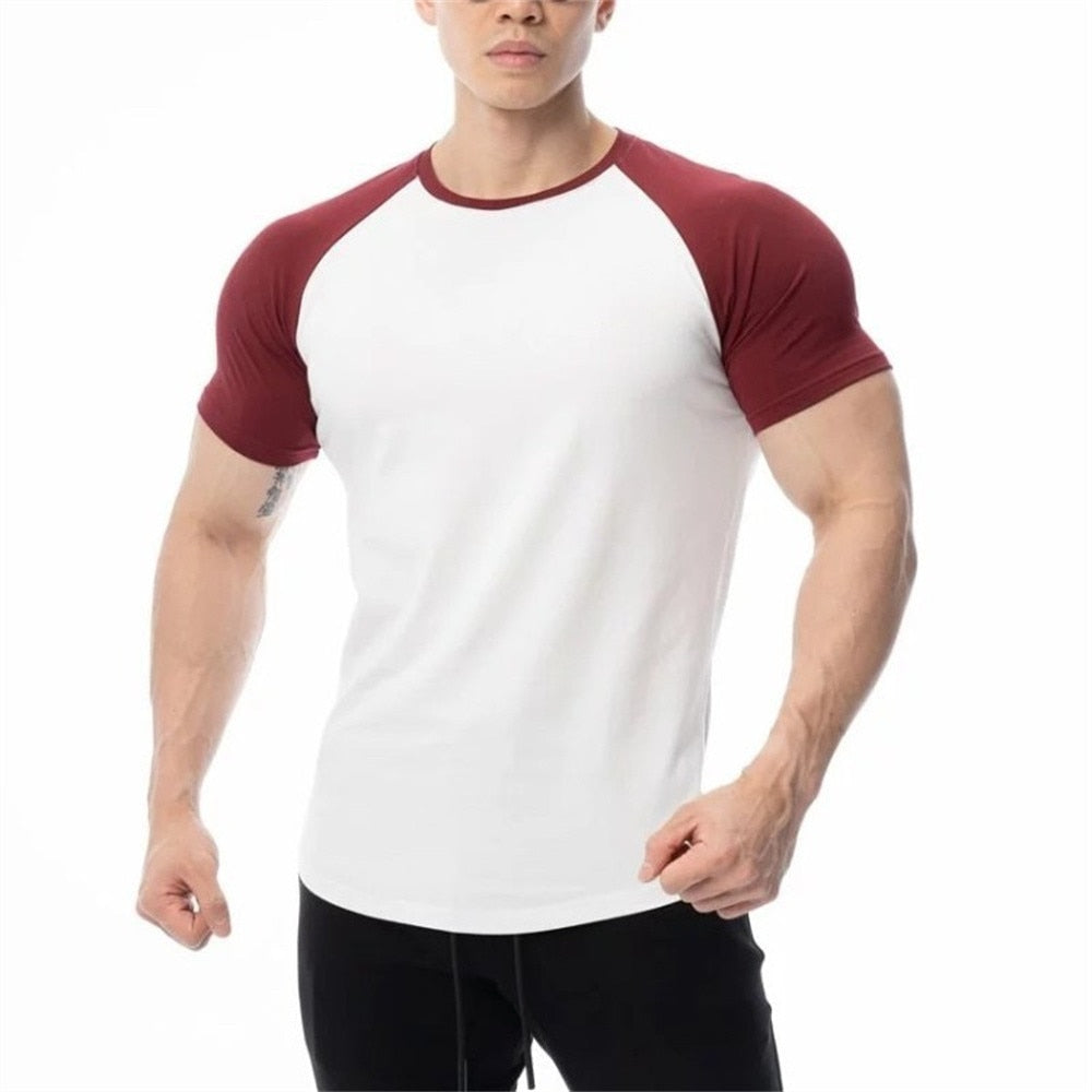 Men Cotton Patchwork T-shirt Summer Gym Fitness Bodybuilding Skinny Short sleeve Shirts Male Casual Training Tees Tops Clothing - Snapitonline