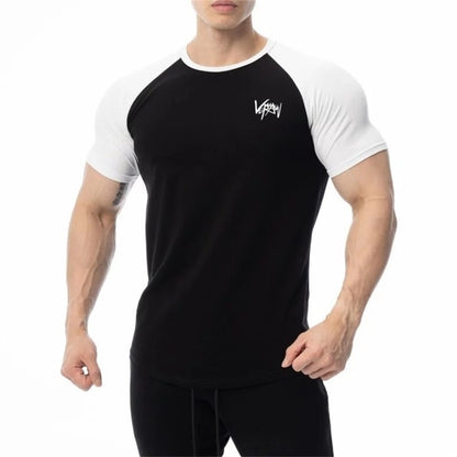Men Cotton Patchwork T-shirt Summer Gym Fitness Bodybuilding Skinny Short sleeve Shirts Male Casual Training Tees Tops Clothing - Snapitonline