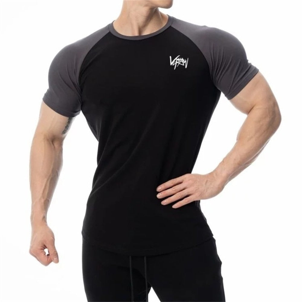 Men Cotton Patchwork T-shirt Summer Gym Fitness Bodybuilding Skinny Short sleeve Shirts Male Casual Training Tees Tops Clothing - Snapitonline