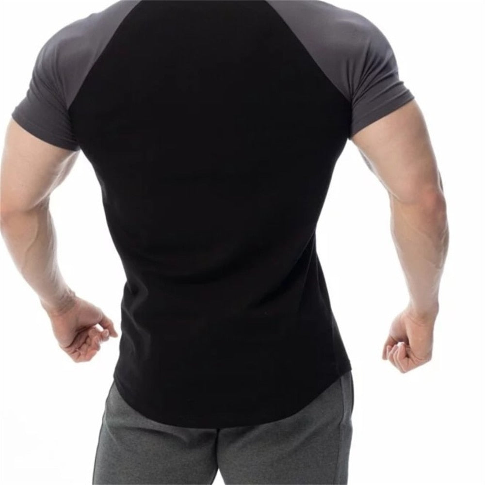 Men Cotton Patchwork T-shirt Summer Gym Fitness Bodybuilding Skinny Short sleeve Shirts Male Casual Training Tees Tops Clothing - Snapitonline