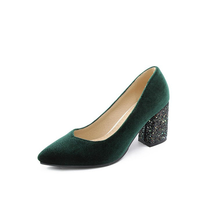 Women's Sequined Chunky High-heeled Pointed Pumps - Snapitonline