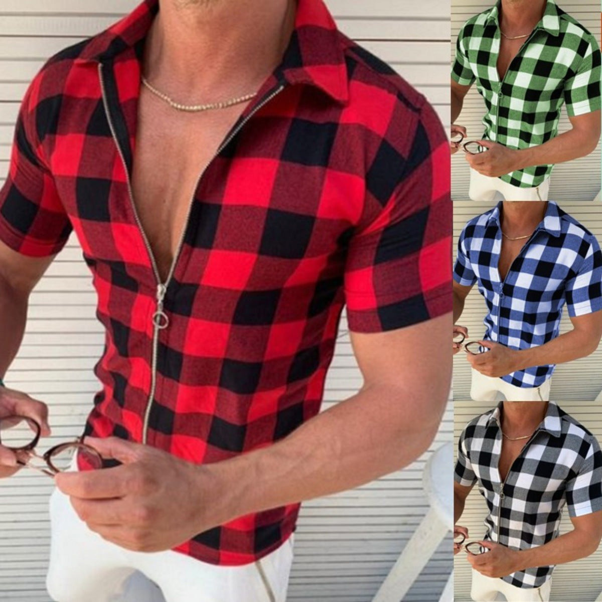 Plaid T Shirt Mens Zipper Short Sleeve - Snapitonline