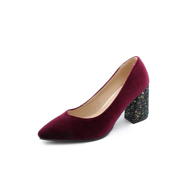 Women's Sequined Chunky High-heeled Pointed Pumps - Snapitonline