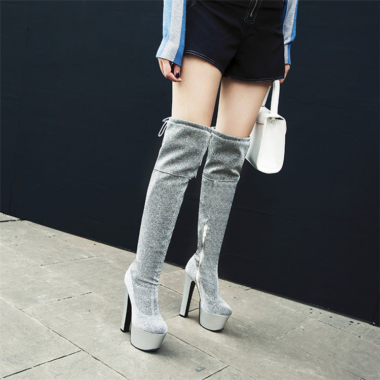 Womens Thigh Bling Sequined Cloth Platforms High Heels Long Boots - Snapitonline