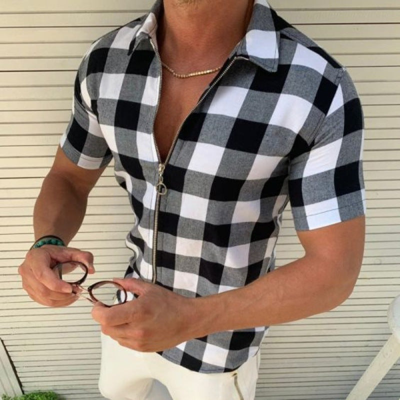 Plaid T Shirt Mens Zipper Short Sleeve - Snapitonline