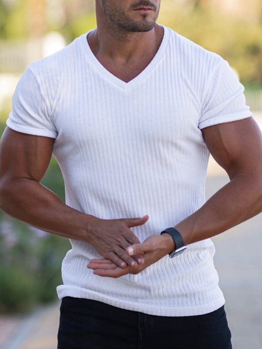 Men's Rib-knit V-neck Short-sleeve T-shirt