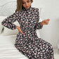 mid-length turtleneck pleated print dress