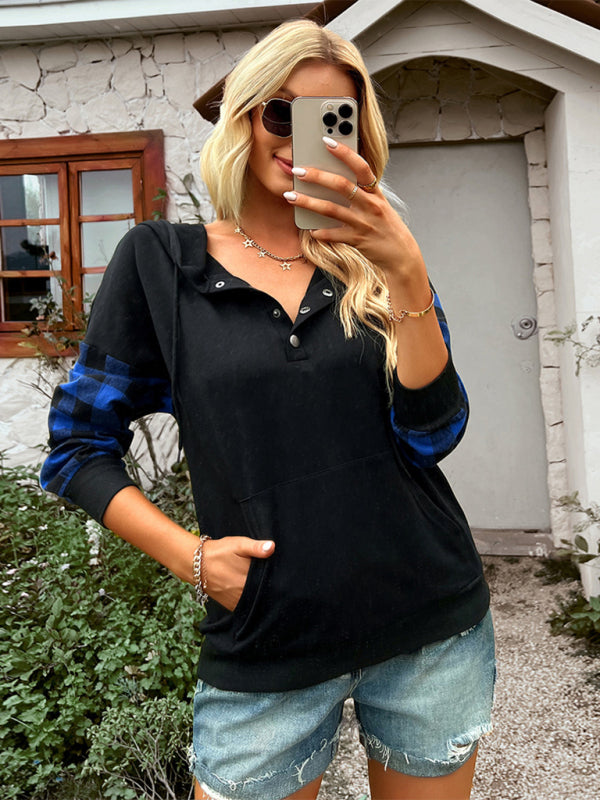 Women's Casual Plaid Panel Hooded Loose Top