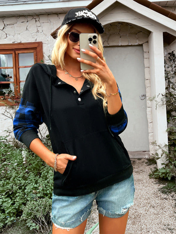 Women's Casual Plaid Panel Hooded Loose Top