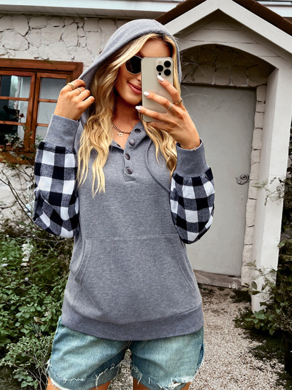 Women's Casual Plaid Panel Hooded Loose Top