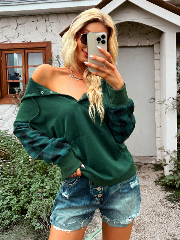 Women's Casual Plaid Panel Hooded Loose Top