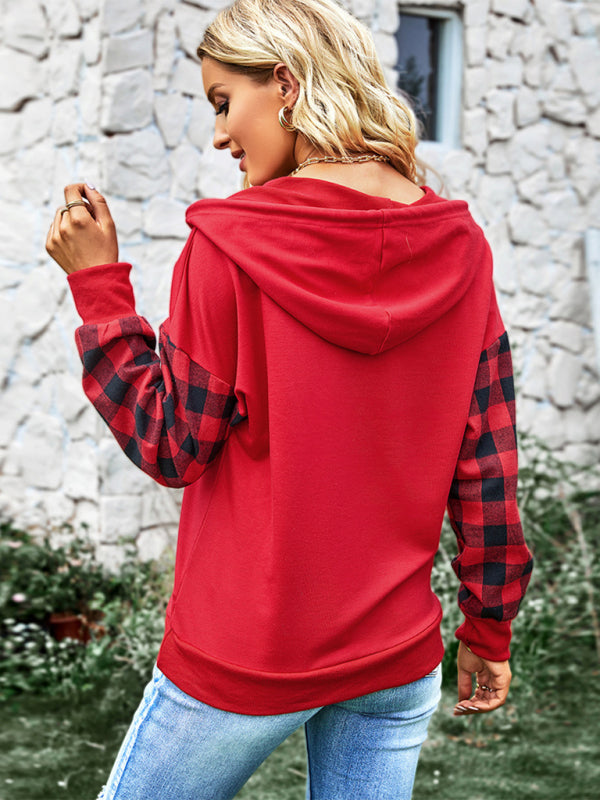 Women's Casual Plaid Panel Hooded Loose Top