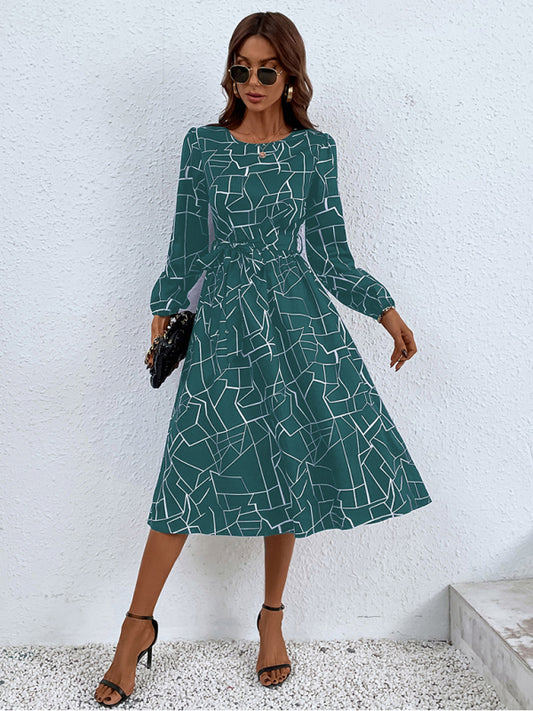 Women's fashion print lace-up waist-length sleeve dress