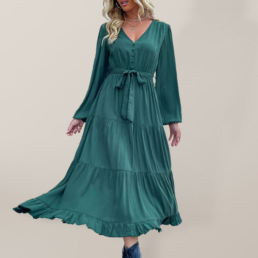 Women's Solid Color Long-sleeve Maxi Dress With A Button Front And A Tie Waist