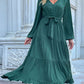 Women's Solid Color Long-sleeve Maxi Dress With A Button Front And A Tie Waist