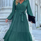 Women's Solid Color Long-sleeve Maxi Dress With A Button Front And A Tie Waist