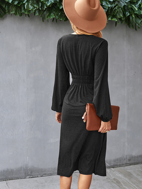 Waist slimming A-line skirt V-neck elastic sexy dress
