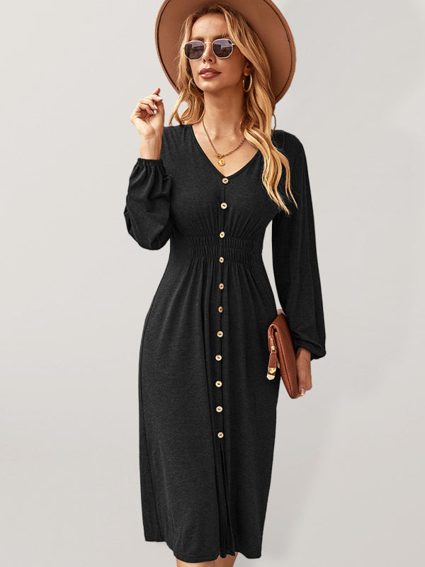 Waist slimming A-line skirt V-neck elastic sexy dress