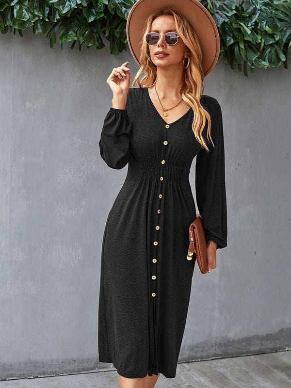 Waist slimming A-line skirt V-neck elastic sexy dress