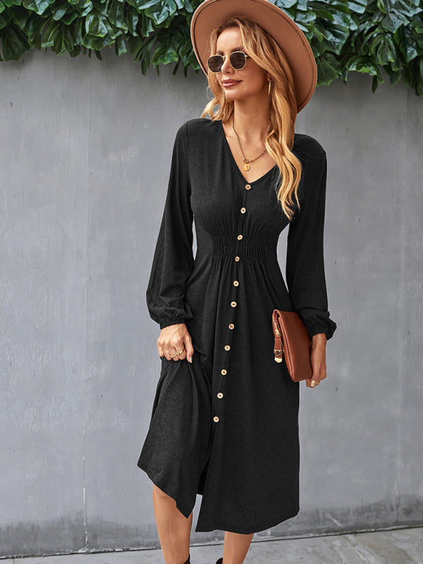 Waist slimming A-line skirt V-neck elastic sexy dress