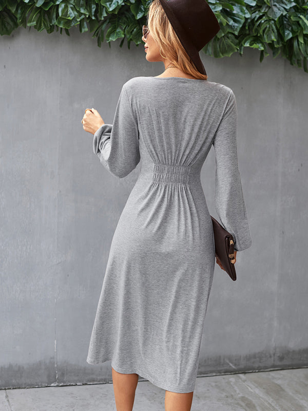 Waist slimming A-line skirt V-neck elastic sexy dress