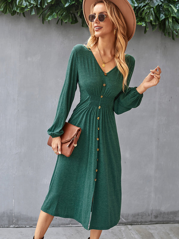 Waist slimming A-line skirt V-neck elastic sexy dress