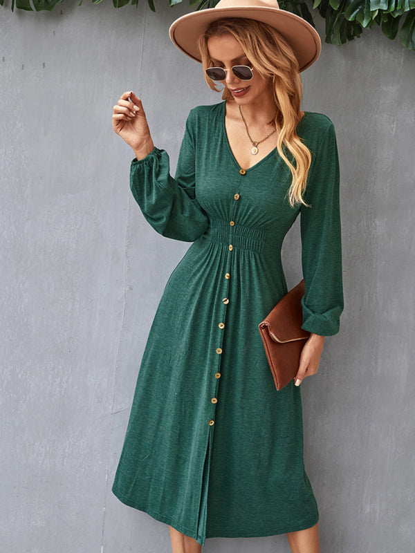Waist slimming A-line skirt V-neck elastic sexy dress