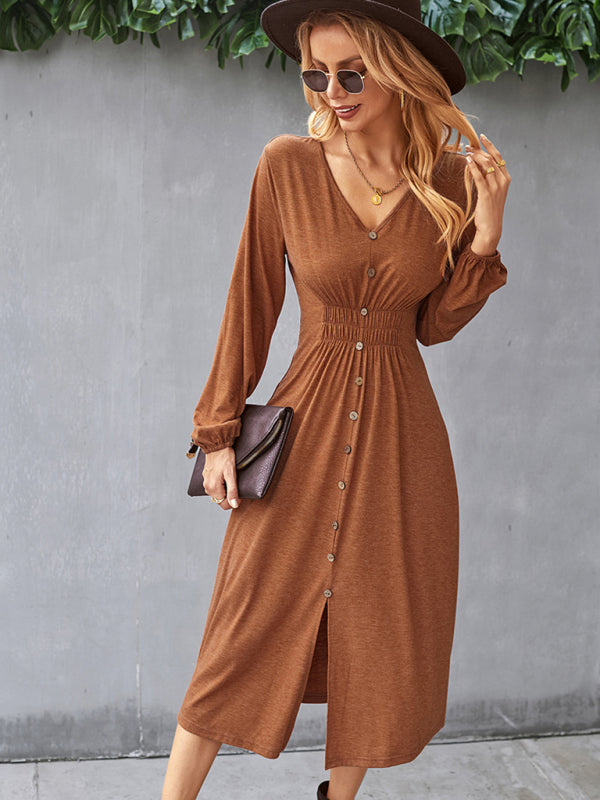Waist slimming A-line skirt V-neck elastic sexy dress